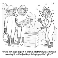 A political cartoon picturing bee keepers. 