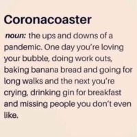 A graphic depicting a dictionary style definition for Coronacoaster reading noun: the ups and downs of a pandemic. One day you're loving your bubble, doing workouts, baking banana bread, and going for long walks. And the next, you're crying, drinking gin for breakfast and missing people you don't even like. 