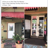 Social media post by "Angelo Broncato Ice Cream" with two photos: (left) door with sign, "Pick up" and chalking writing on sidewalk in front "PICK UP HERE"; (right) double doors with signs, "ORDER HERE: PRE-PACKED QT'S - PT'S" and chalking writing on sidewalk with an arrow and text, "ORDER HERE"