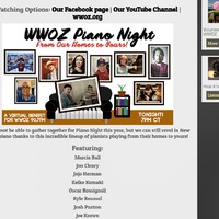 Flyer screenshot with text, "WWOZ PIANO NIGHT - From Our Homes to Yours! - A VIRTUAL BENEFIT FOR WWOZ 90.7FM - TONIGHT AT 7PM CT" Flyer has photos of artists that will be performing at the event and their names listed below. 