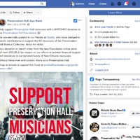 Screenshot of "Preservation Hall Jazz Band" Facebook page showing their May 1st, 2020 posting about "SUPPORT PRESERVATION HALL MUSICIANS"