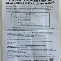 Image of a flyer which reads hospitality workers fired for demanding safety and living wages. It lists barista's demands during the Covid pandemic and the ensuing strike that followed.