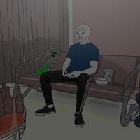 This is a picture of a cartoon depicting a man passively sitting on a couch in the dark, playing video games, and surrounded by empty bottles. 