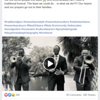 Social media post by "Brass-A-Holics" in March of 2020 with a video clip of three jazz players in suits: one playing trumpet (left), one singing (middle), and one playing trombone (right). 