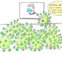 A political cartoon featuring COVID-19 viruses. 