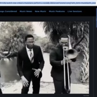 Screenshot of "NPR Music: WWNO - New Orleans Public Radio: Fresh Air with Terry Gross" with a black and white photo of three musicians in suits and ties: one playing trumpet (left), one playing trombone (right), and the other is singing (middle). There is foliage behind them. 