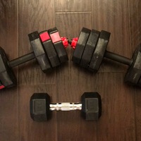 This is a picture of three dumbbells resting on a wooden floor. 
