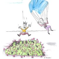 A political cartoon featuring two men falling.