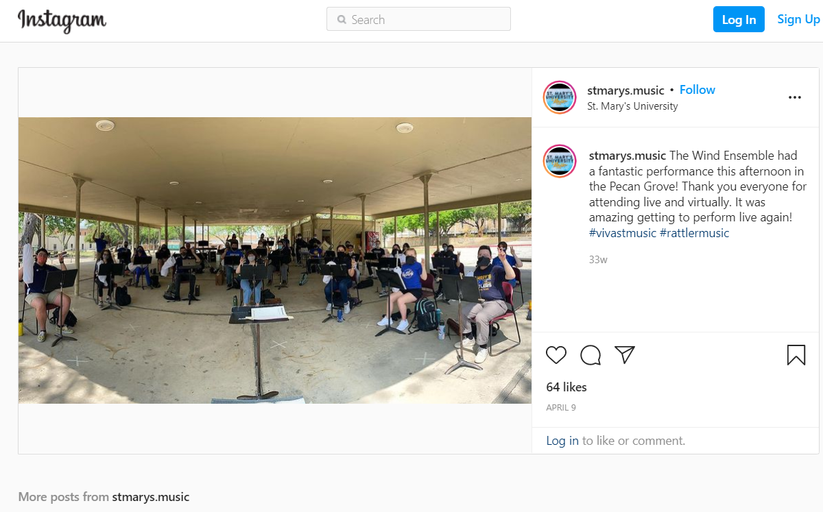 An Instagram post from the STMU Music Department's official Instagram page announcing the outdoor performance held on April 9th, 2021.