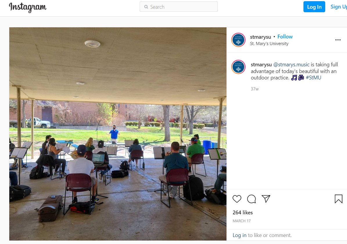 An Instagram post from the official STMU Music Department Instagram page talking about the outdoor rehearsal held on March 17th, 2021