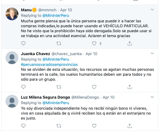 A Twitter screenshot of multiple posts in Spanish by several people. 