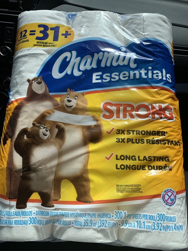 Charmin essential 12 roll pack of toilet paper.