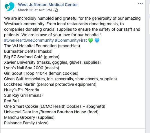 A social media post from West Jefferson Medical Center. 