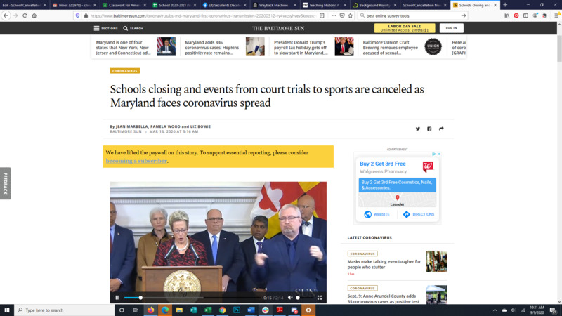 News headline that reads "Schools closing and events from court trials to sports are canceled as Maryland faces coronavirus spread"