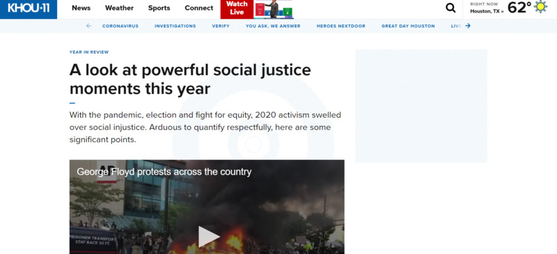 Screenshot of KHOU-11 web article.  Heading reads, "A look at powerful social justice moments this year". 