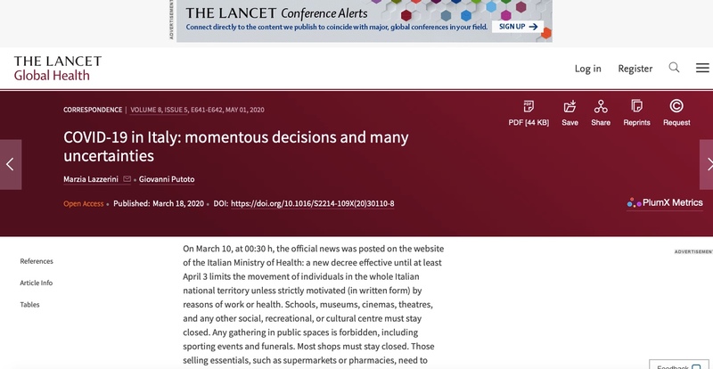 Article on The Lancet discussing the lockdown of Italy in response to COVID-19 pandemic.
