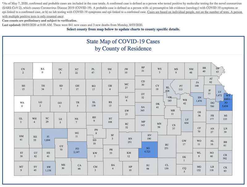 A map showing coronavirus cases by county. It was last updated 08/05/2020. 
