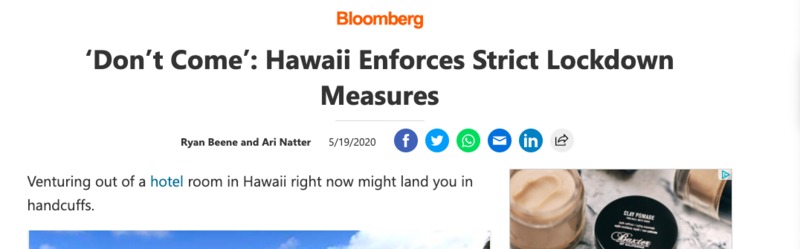 A screenshot of an article titled "‘Don’t Come’: Hawaii Enforces Strict Lockdown Measures".