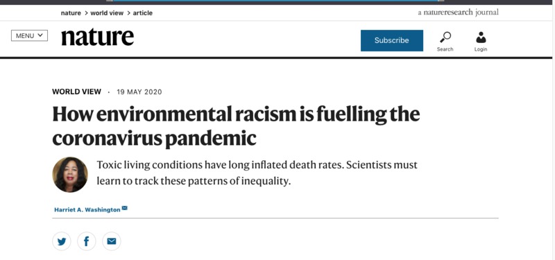 Screenshot of an article titled "How environmental racism is fuelling the coronavirus pandemic".