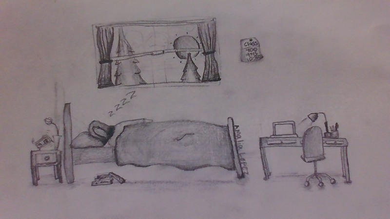 This is a picture of a drawing which depicts a person sleeping in their bedroom, next to a window which reveals the sky. 