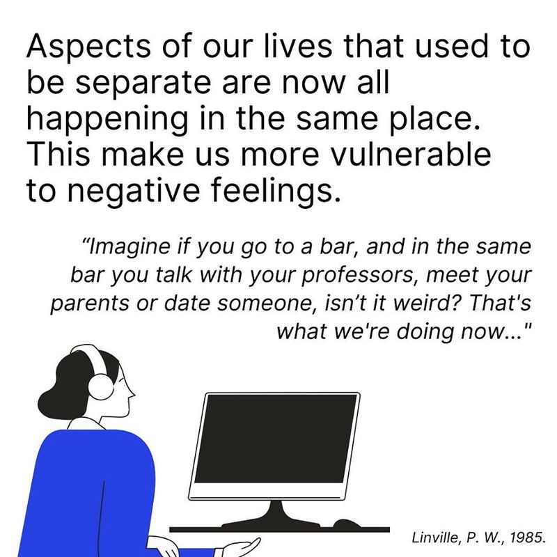 Woman sitting at computer. Text banner stating Aspects of our lives that used to be separate are now all happening in the same place. This makes us more vulnerable to negative feelings.