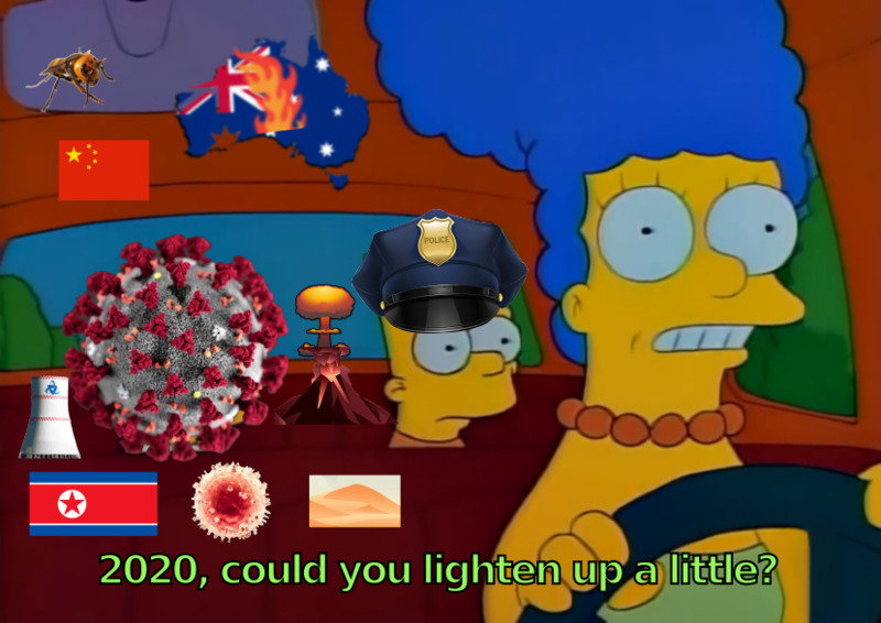 A cartoon photo from the show, The Simpsons where the character in the front is overwhelmed by all of the events in 2020. The text reads "2020, could you lighten up a little?"
