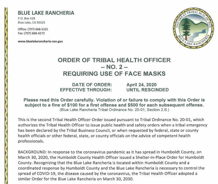 Face mask order from the Blue Lake Rancheria.