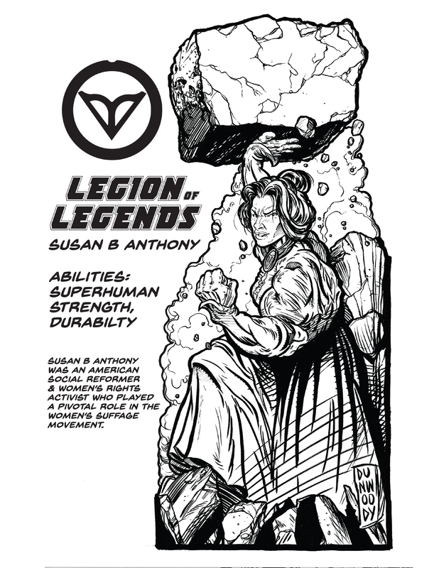A coloring sheet featuring Susan B. Anthony dressed as a super hero.