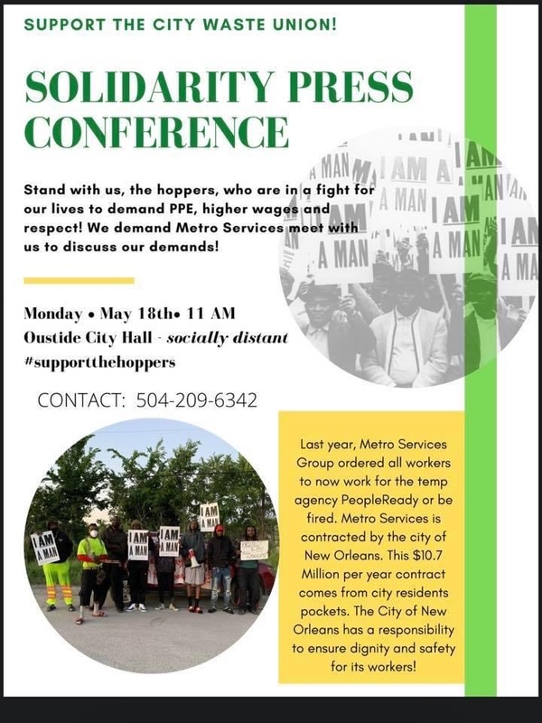 Image of a Solidarity Press Conference flyer to support waste workers in New Orleans who want better working conditions during Covid.