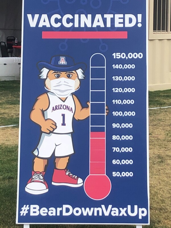 This is a picture of a poster depicting the Wildcat mascot of the University of Arizona wearing a mask, and pointing to a chart which shows how many people in the area or school are currently vaccinated. A hashtag is present at the bottom which reads "#BearDownVaxUp". 