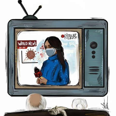 Painting of person watching the news. 