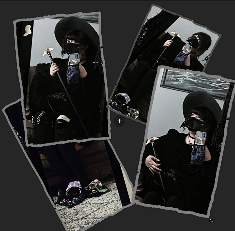 This is a series of pictures taken by a woman wearing all black who is wearing a face mask resembling a plague doctor mask.
