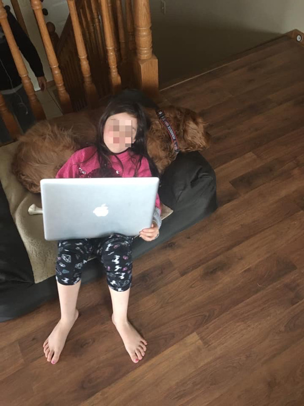 Image of a young girl using a laptop while sitting with her pet dog. Her face is blurred. 