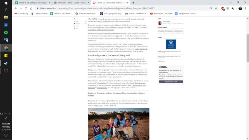 A screenshot of a news article that discusses indigenous people's ideas about caring for community and buildings relationships as a fundamental part of personal well-being.