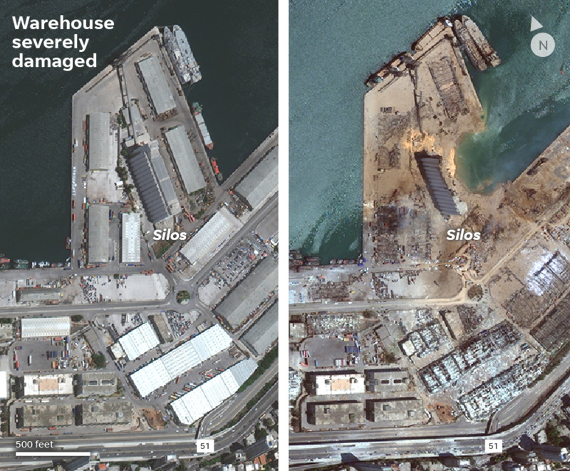 This is an aerial before and after picture of the port in Beirut, Lebanon that suffered from a massive explosion in 2020. 