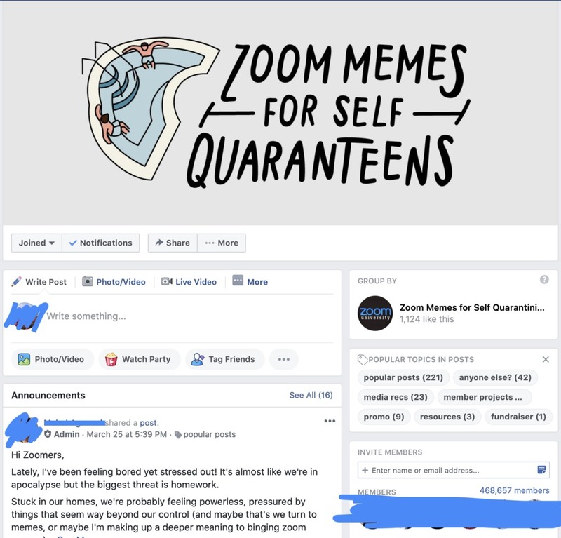 a screen shot of a Facebook group for zoom memes