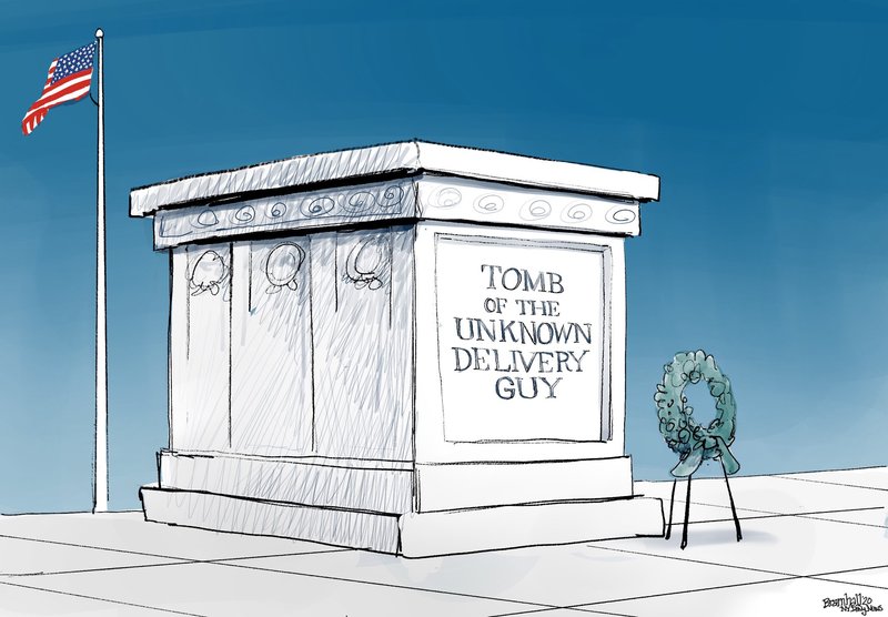 Political cartoon of a tomb reading "Tomb of the Unknown Delivery Guy".