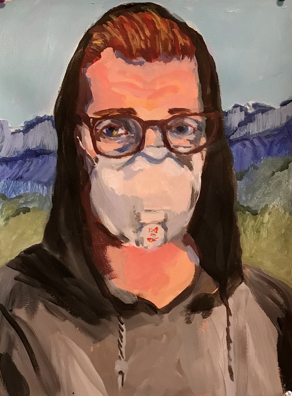 This is a picture of a painting depicting a person wearing a hoodie, face mask, and glasses.