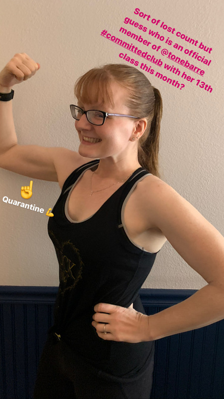 Photo of a woman flexing her arm and text that says "sort of lost count but guess who is an official member of @tonebarre #committtedclub with her 13th class this month?"