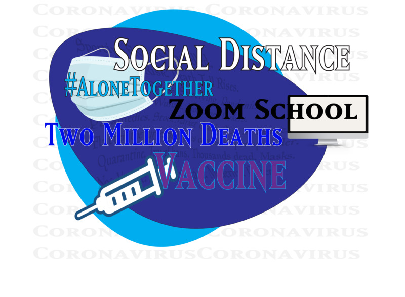 This is an image depicting a collage of words and images related to COVID-19. The text reads: "Social Distance- #AloneTogether- Zoom School- Two Million Deaths- Vaccine." A face mask and injection needle are situated next to these words. 