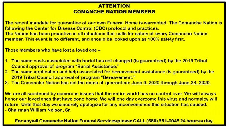 A notice for the Comanche Nation advising the closing of their funeral services, with instructions for new protocols for burial.