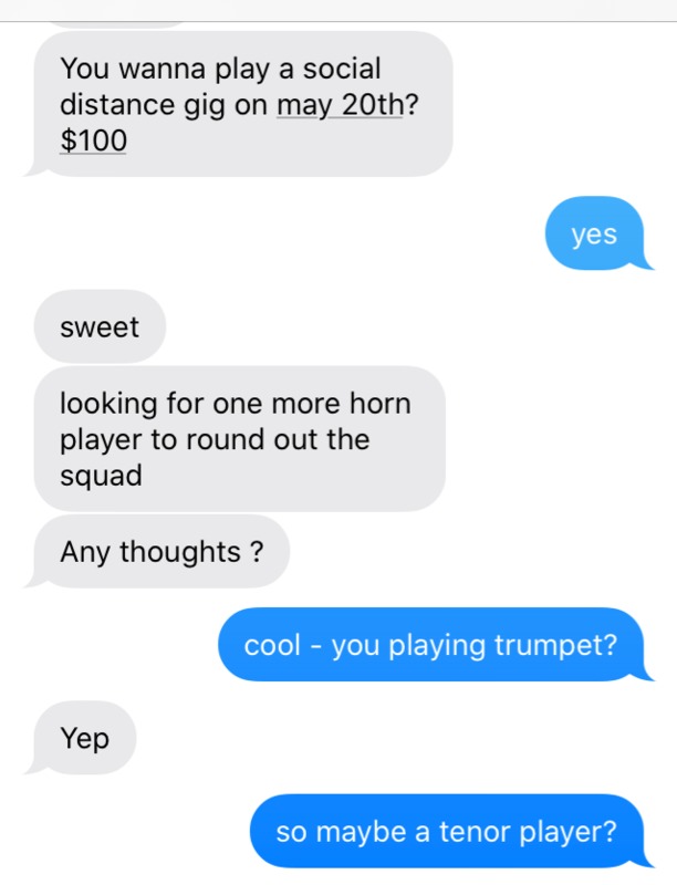screen shot of text messages talking about getting a jazz band together for a socially distanced concert 