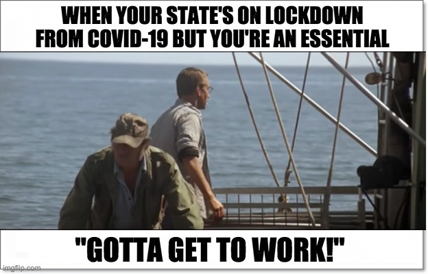 Two men are on a boat. The text above the picture says: when your state's on lockdown from COVID-19 but you're an essential. The text below the picture says: "Gotta get to work!"