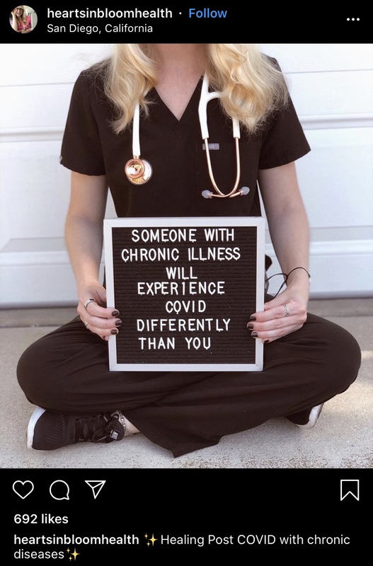 A social media post of a person in scrubs holding a sign that reads "someone with chronic illness will experience COVID differently than you".