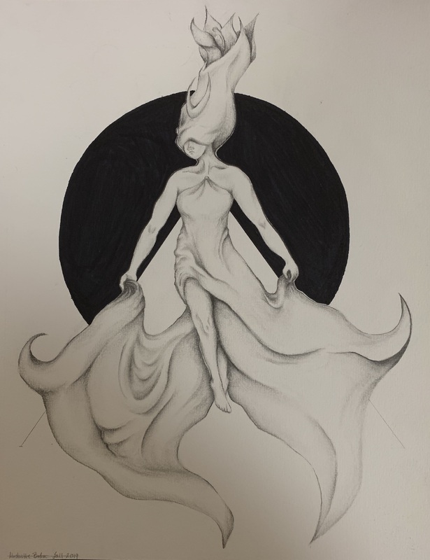 Pencil drawing of woman in a flowing dress with hair flowing upwards, covering her eyes.   Solid black circle in the background.
