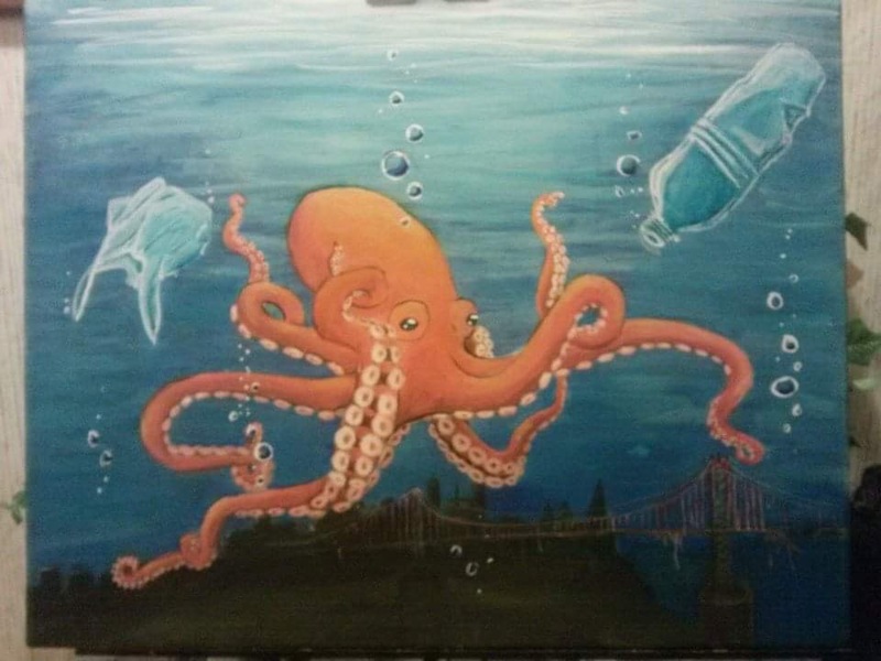 A painting of an octopus in front of an underwater city. 