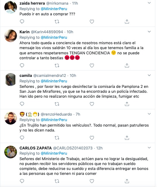 A Twitter screenshot of a posts responding to mininterperu. 