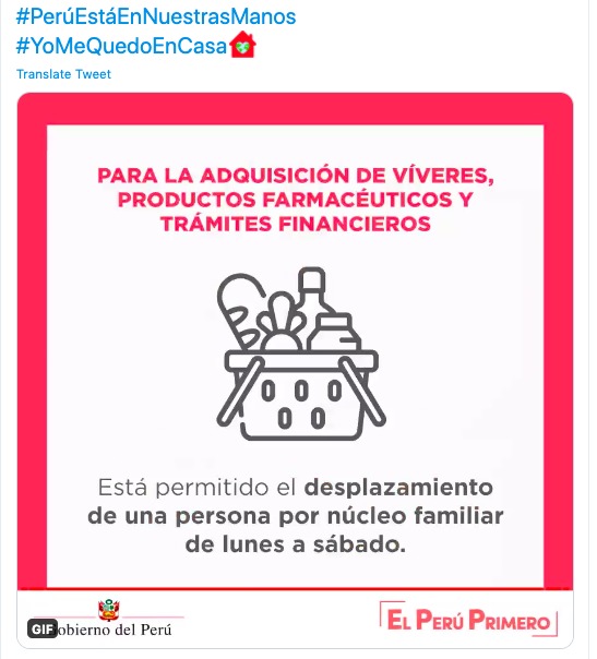 A Twitter screenshot with #PeruEstaEnNuestrasManos and #YoMeQuedoEnCasa and an image with some produce in a basket with Spanish words above and below it. 