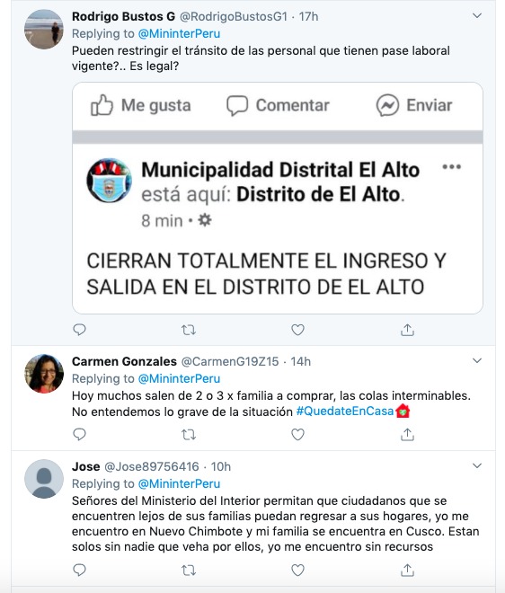 A Twitter screenshot of multiple posts in Spanish by several people responding to MininterPeru. 