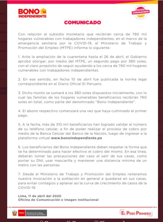 A screenshot of a notice put out by Bono independiente. 